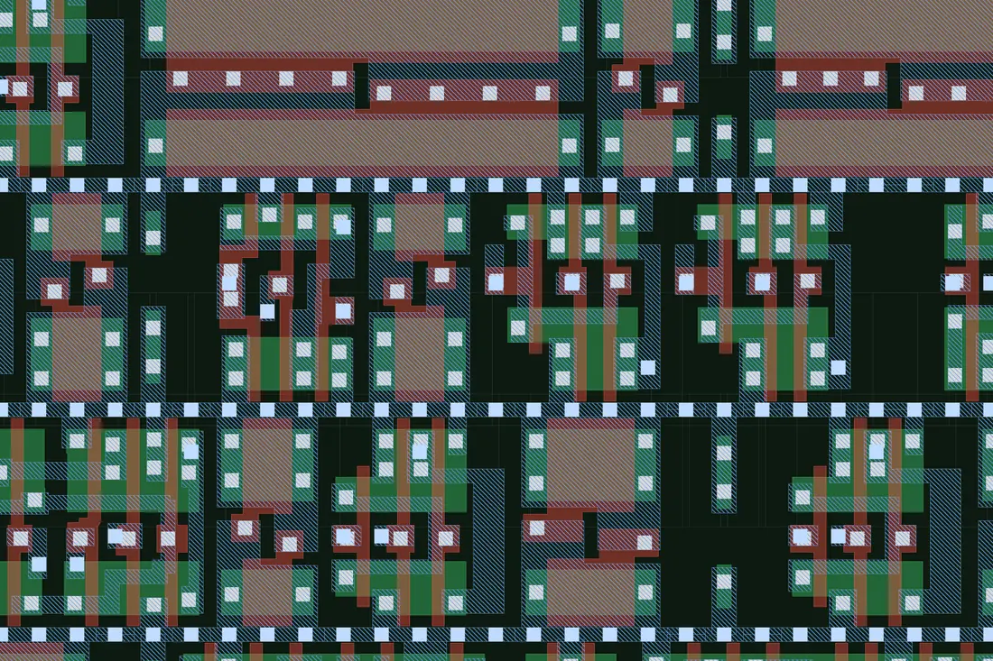 The cells underneath with the metal hidden: red polysilicon gates over green diffusion, with blue local interconnect and contacts.