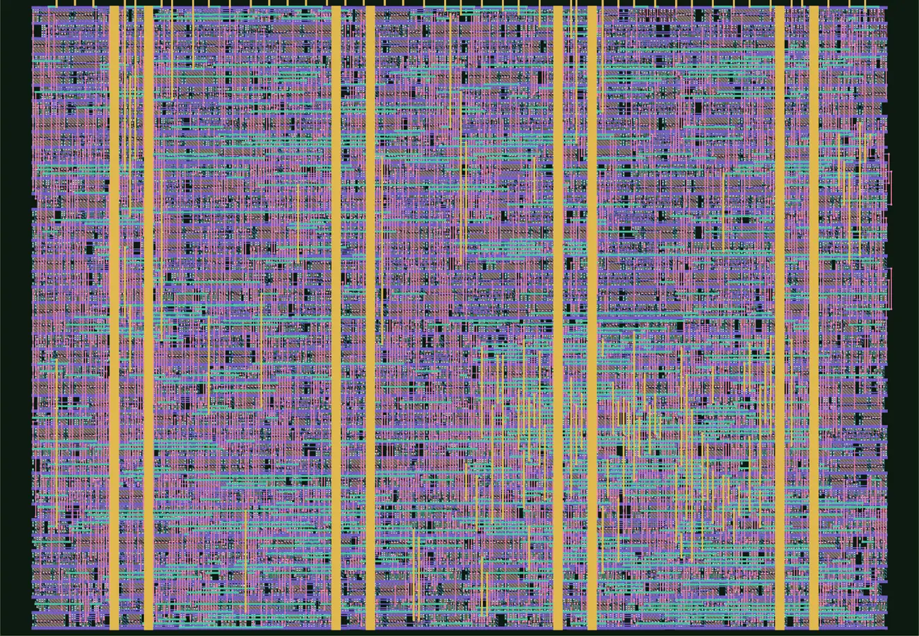 v3 placed and routed in a 161×112 µm Tiny Tapeout tile: about 1,200 Sky130 cells, metal 1–4 routing and gold met4 power straps.