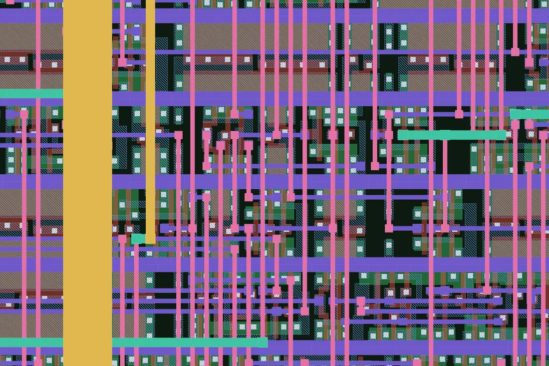 About 18×12 µm of the tile: metal 1 (violet), metal 2 (pink), metal 3 (teal) and a met4 power strap (gold).