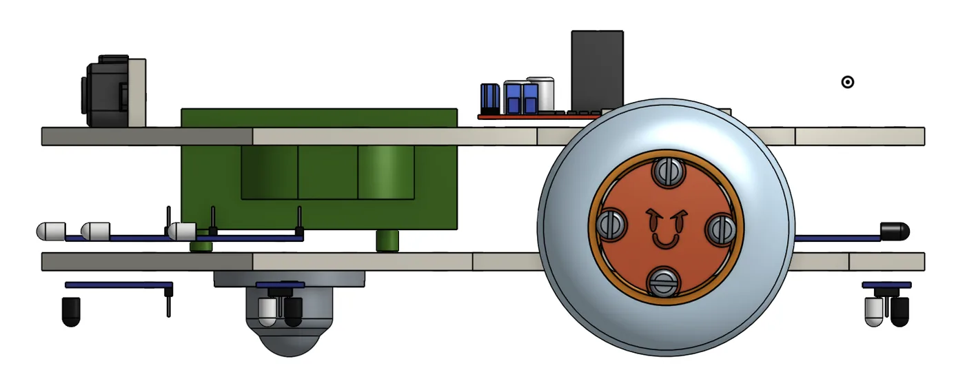 Side view of the CAD model: drivetrain, electronics and flywheel layers.